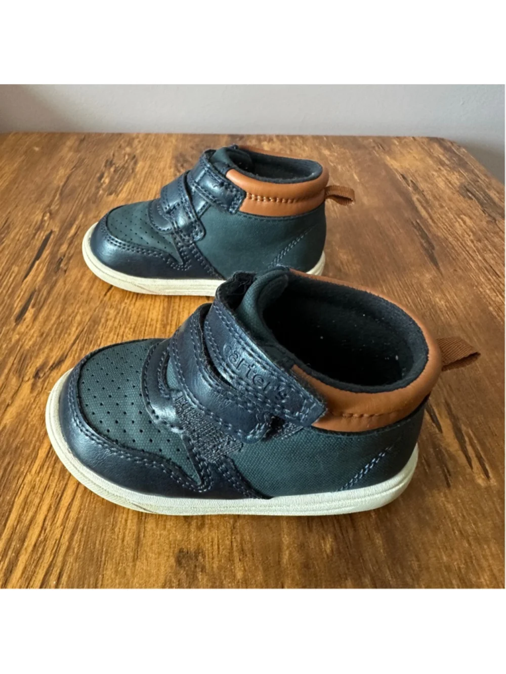 Carter's Walker Shoes Baby Size 4 Navy Brown Hook Loop Sneakers